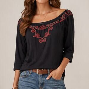 Boston Proper Embroidered Top Women Size L  Black Beaded Casual Grunge Goth Y2K